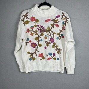 Vtg Cable Knit Mock Neck Sweater Spring Floral Embroidered Grandmacore Med *read